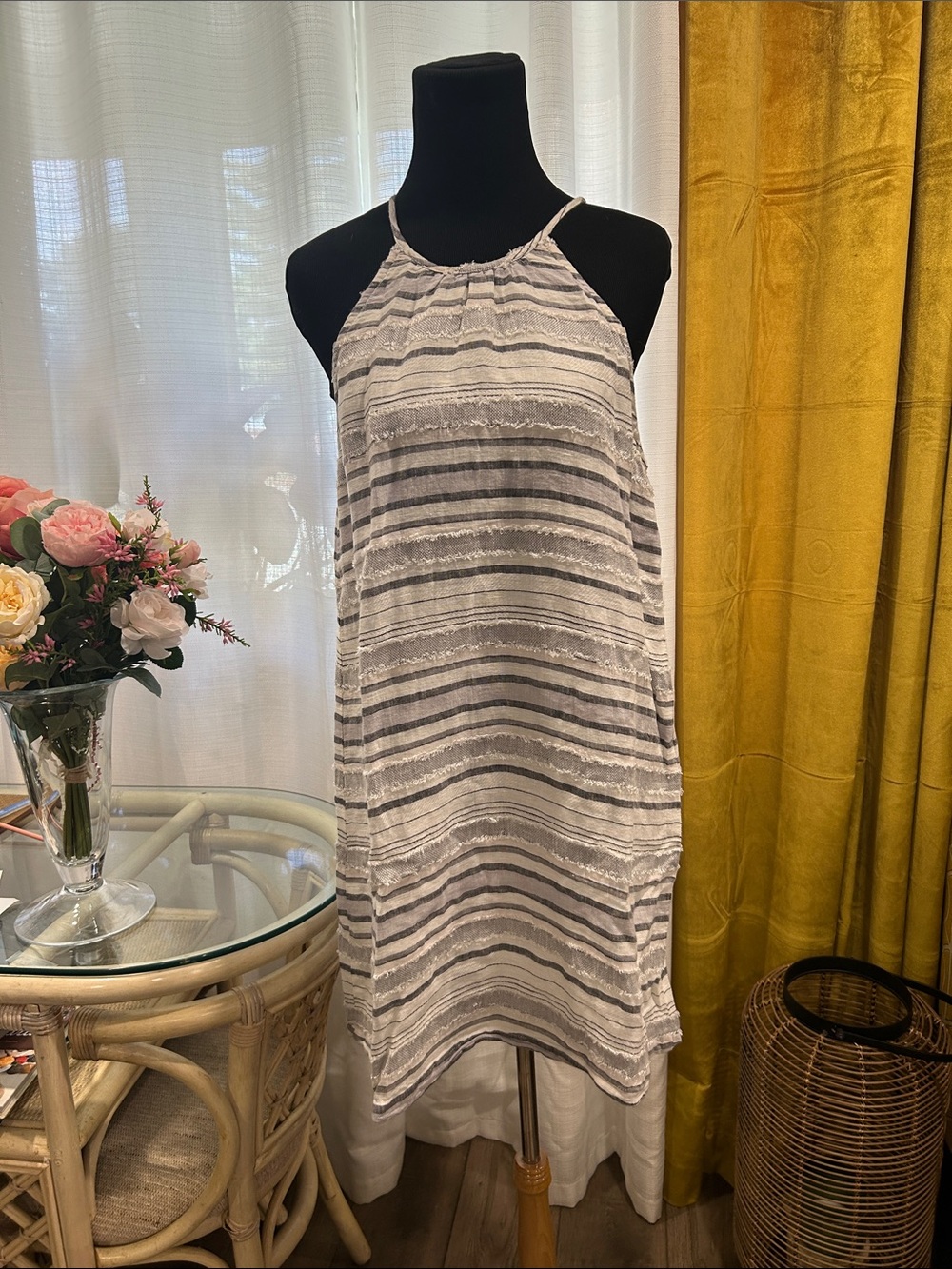 cloth & stone Striped Halter Mini Dress in White and Gray